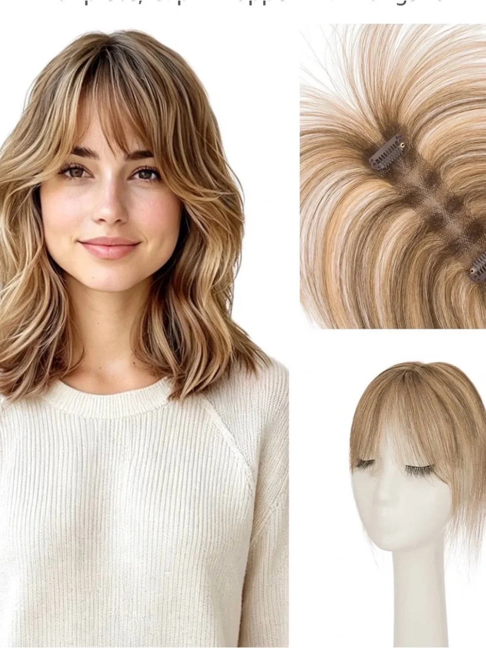 Human Hair Topper w. Air Bangs Lace Base for Wide Part Highlight